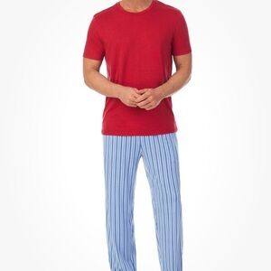 Men's Cuddl Duds Pajama Set Red Short Sleeve Tee Blue Striped Drawstring Pants S